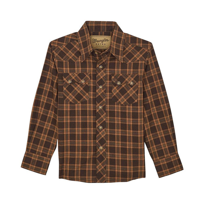 Boy's Retro Brown Plaid Snap Shirt