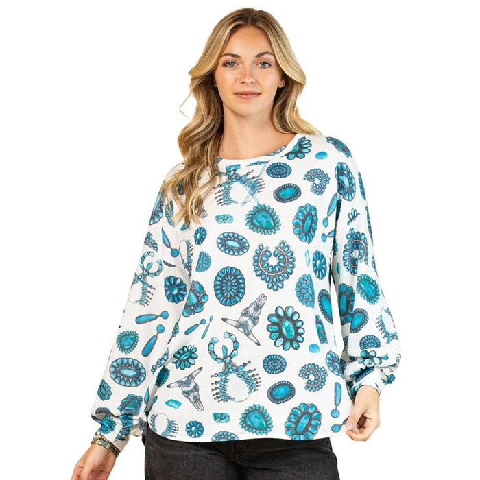 Women's Ivory Turquoise Jewelry Print Top