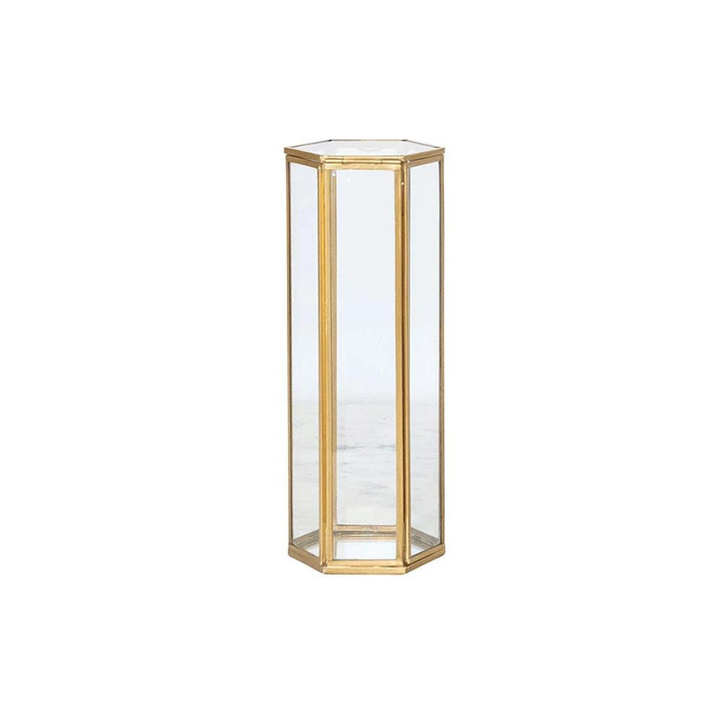 Glass Brass Hexagon Container with Mirror Bottom