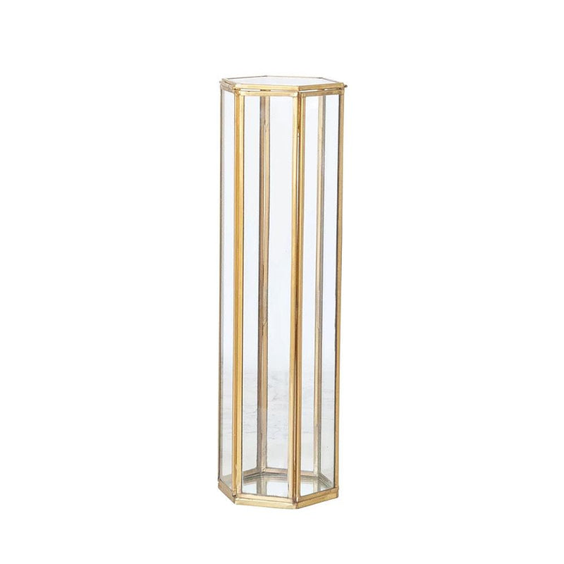 Large Glass Brass Hexagon Container with Mirror Bottom