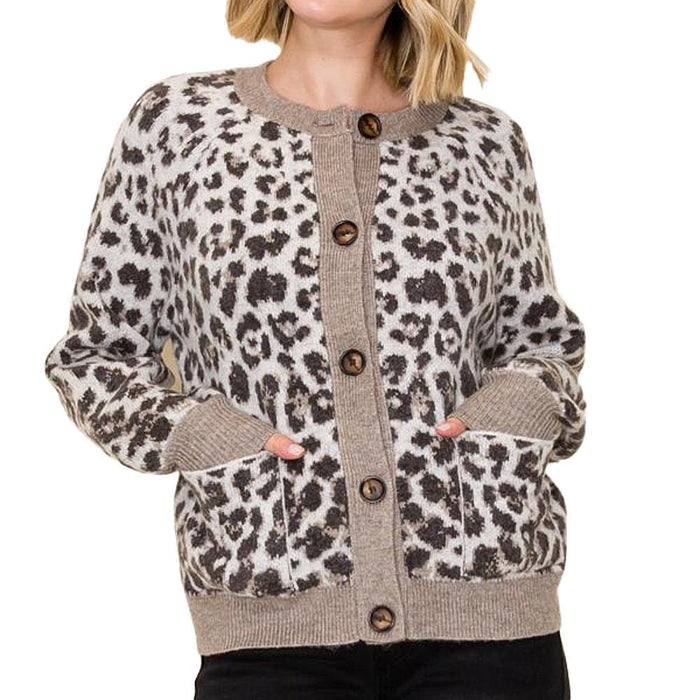 Women's Mocha Leopard Jacquard Cardigan