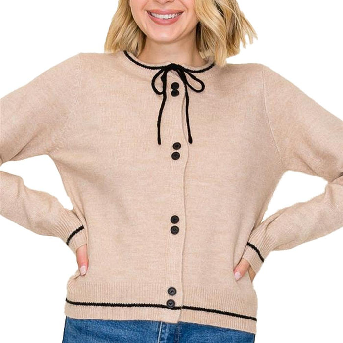 Women's Taupe Bow Neck Button Cardigan