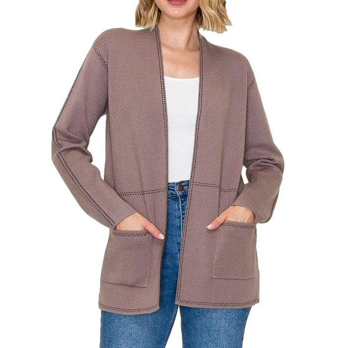 Women's Dark Mocha Stitched Trim Open Sweater