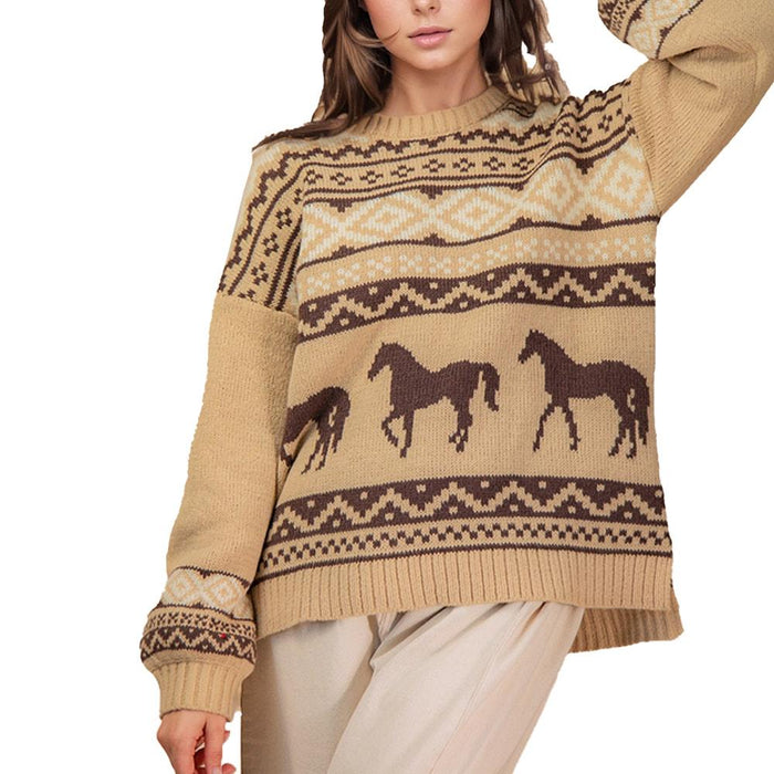 Women's Mocha Horse Print Sweater