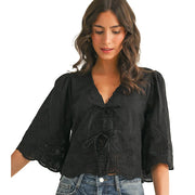 Women's Floral Embroidery Black Tie Front Blouse