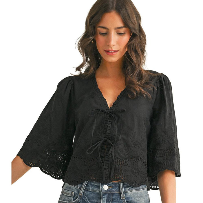 Women's Floral Embroidery Black Tie Front Blouse