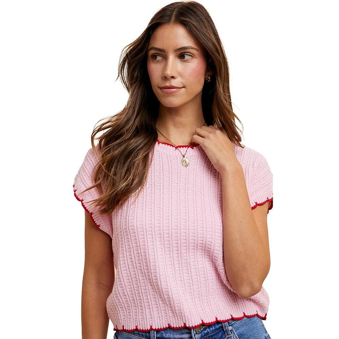 Women's Pink & Red Scalloped Edge Sweater Top