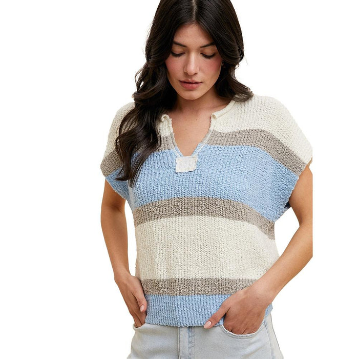 Women's Ivory & Blue Low Gauge Color Block Top