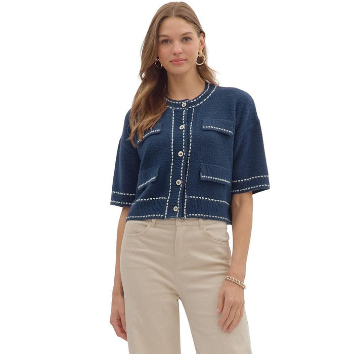 Women's Navy Contrast Accent Stitch Sweater Top