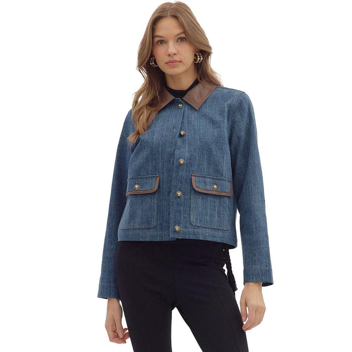 Women's Denim Faux Leather Collar Jacket