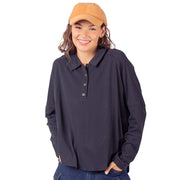 Women's Black Collared Henley Top