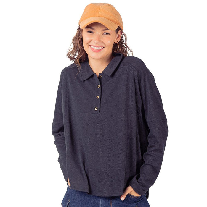 Women's Black Collared Henley Top