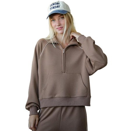 Very J Women's Mocha Half Zip Casual Top