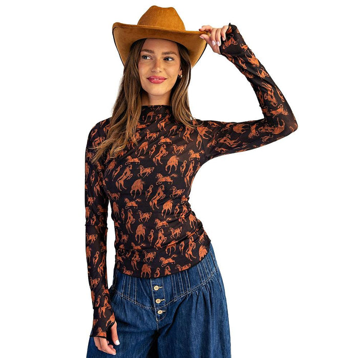 Women's Black Horse Print Mesh Top