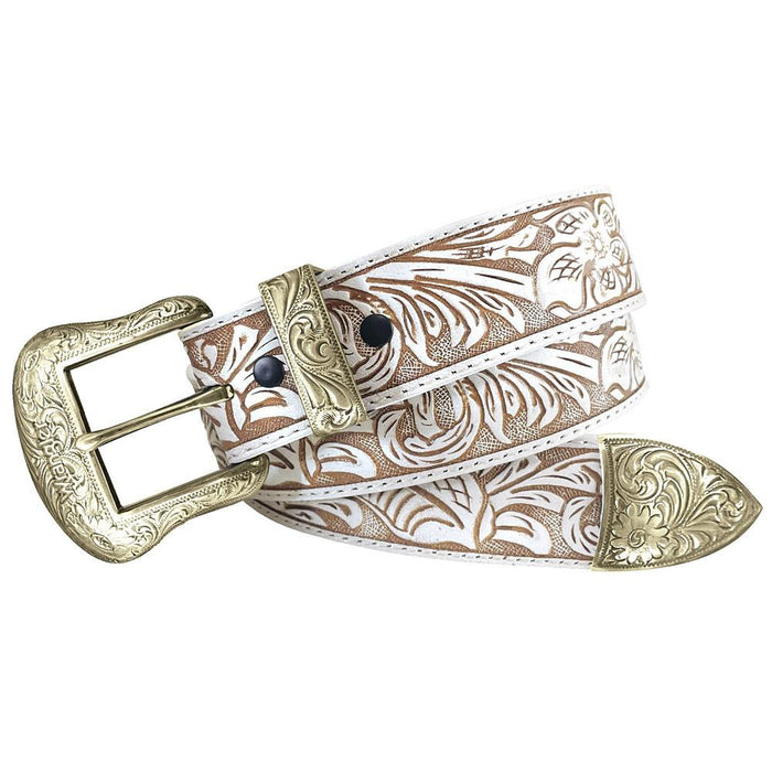 Women's Off White Floral Embossed Leather Belt