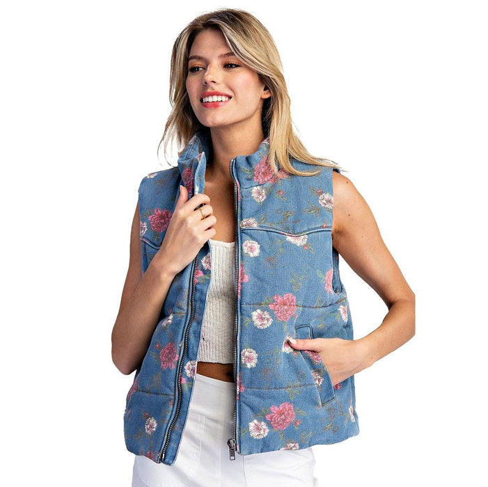 Women's Denim Floral Denim Zip Up Vest