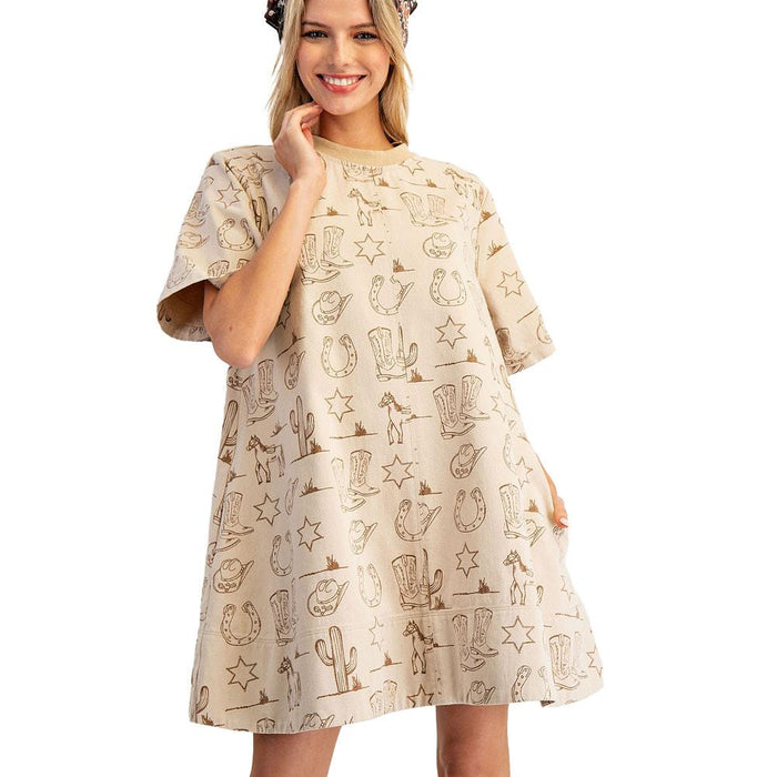 Women's Almond Latte Western Print Mini Dress