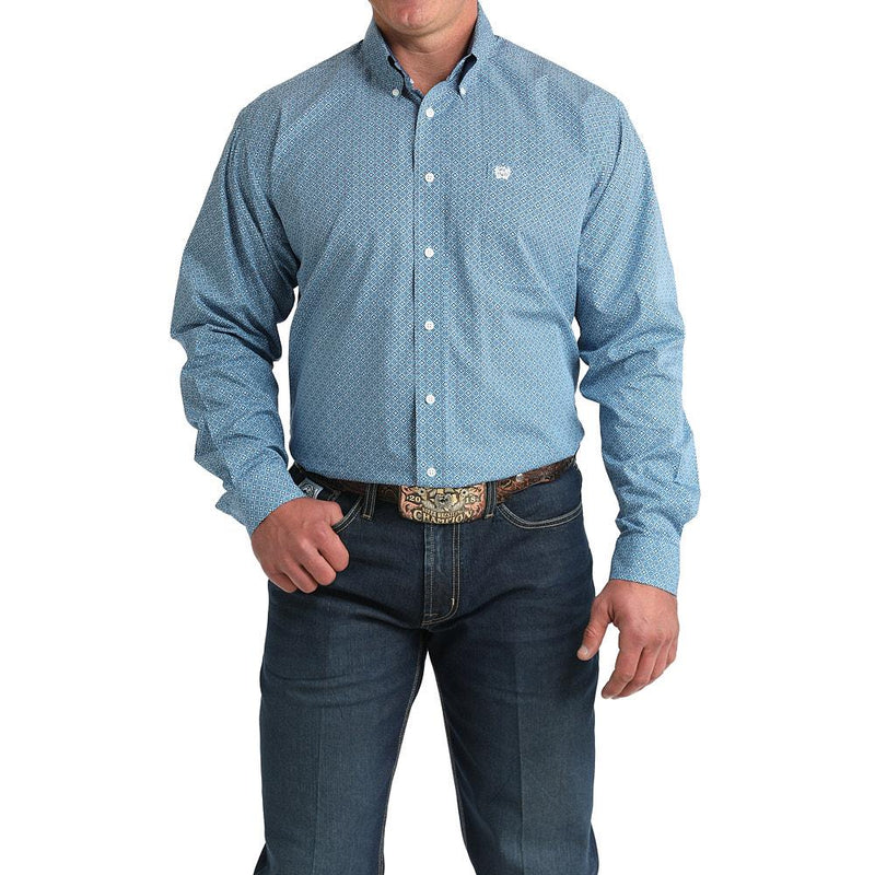 Men's Blue Print Long Sleeve Button Shirt