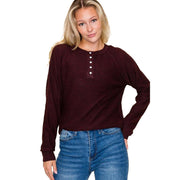 Women's Burgundy Long Sleeve Henley Pull Over