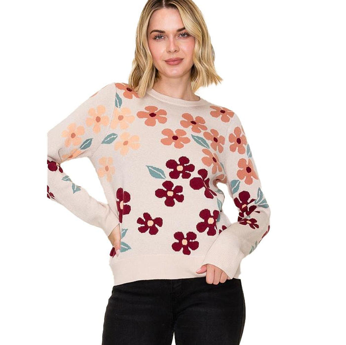 Women's Taupe Floral Jacquard Pullover