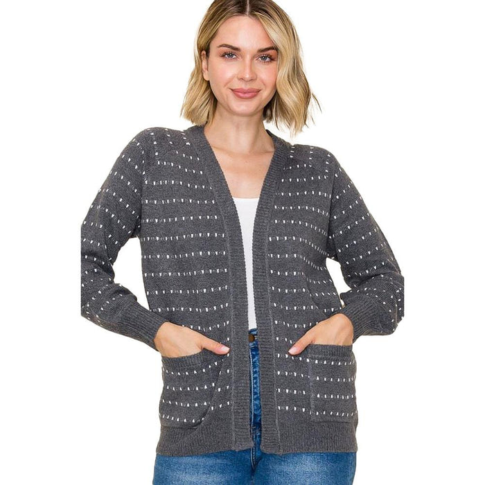 Women's Charcoal Dotted Striped Cardigan