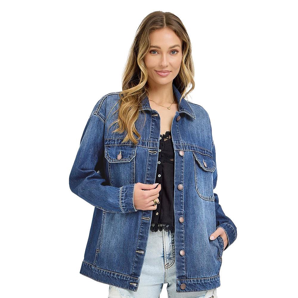 RISEN Full Size Snap Down Long Sleeve Denim Shacket