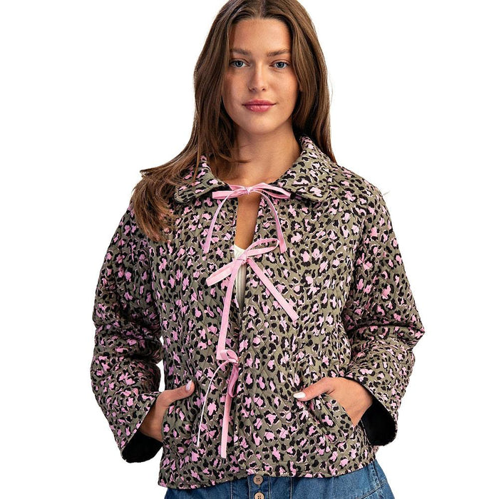 Women's Dry Herb Leopard Print Tie Front Jacket