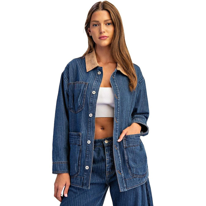 Women's Denim Corduroy Collar Pinstripe Jacket