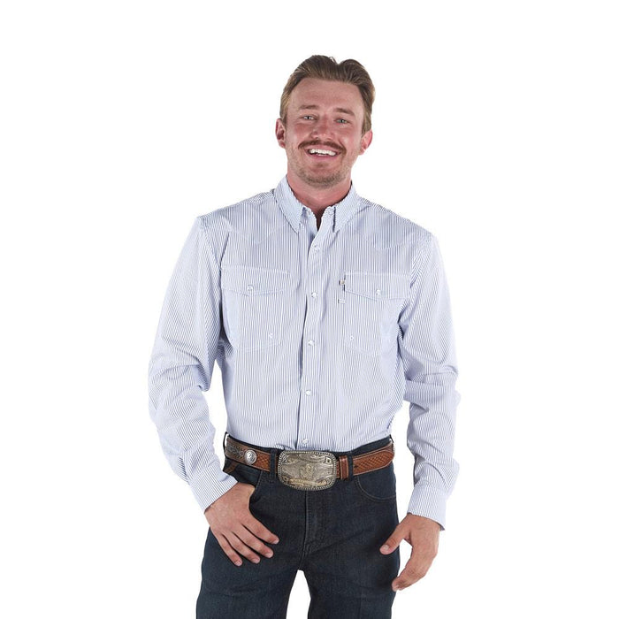 Men's Blue Pinstripe Long Sleeve Snap Shirt