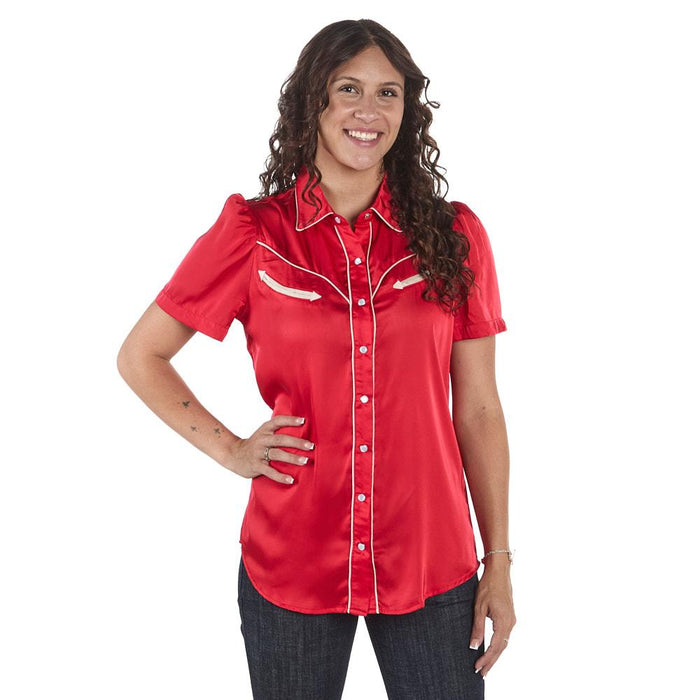Women's Red Satin Short Sleeve Pearl Snap Shirt