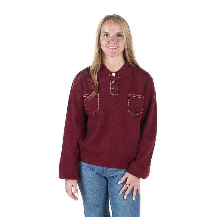 Women's Burgundy Polo Collar Top