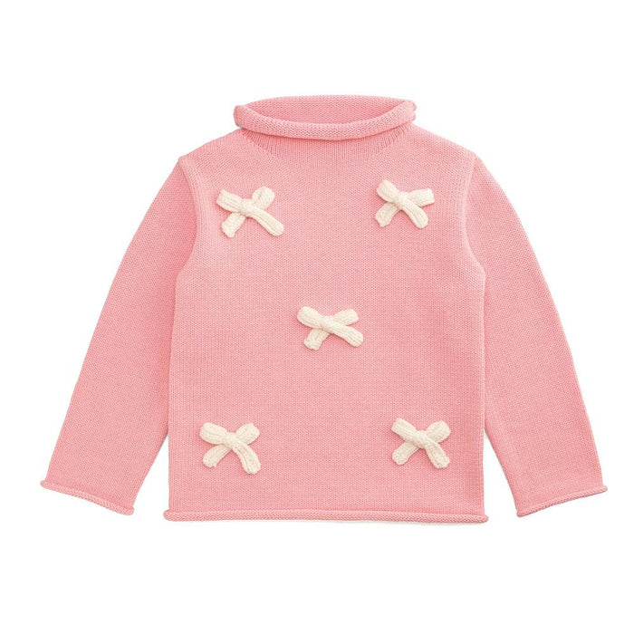 Girls Pink Bow Roll Neck Sweater