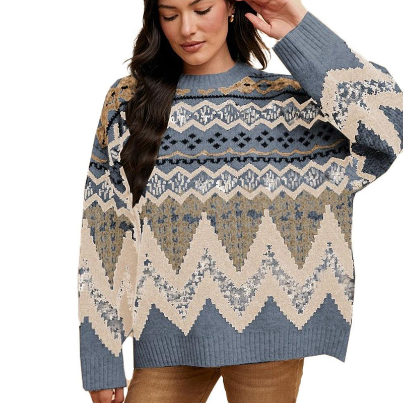 Women's Fairisle Wool Blend Denim Blue Sweater
