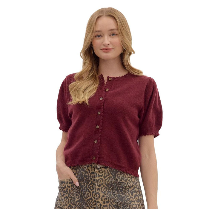 Women's Wine Scalloped Edge Short Sleeve Sweater