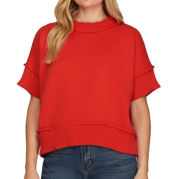 She & Sky Women's Red Half Sleeve Crew Neck Sweater