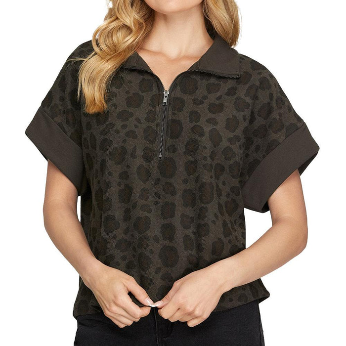 Women's Charcoal Leopard Half Zip Top