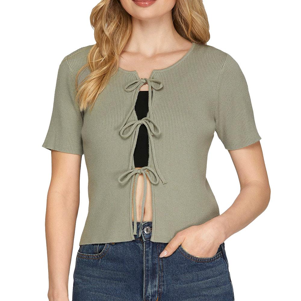 She & Sky Women's Olive Tie Front Top