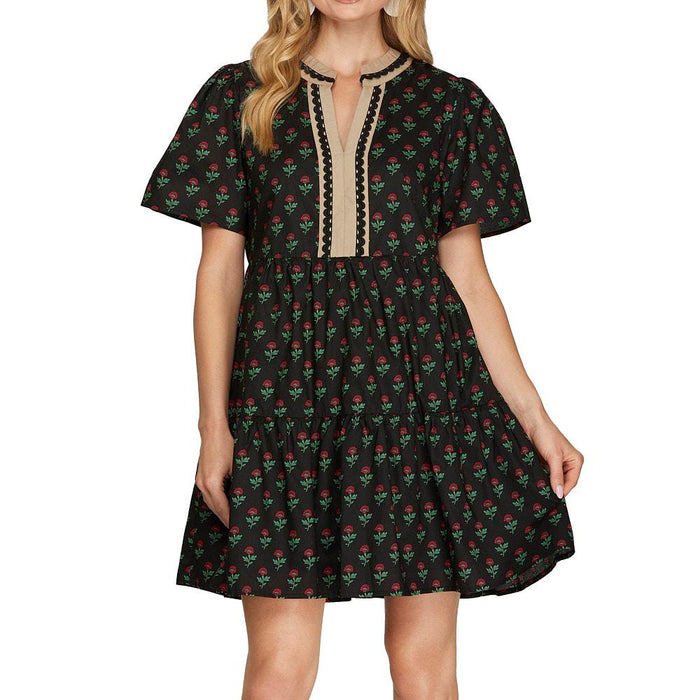Women's Black Floral Print Mini Dress