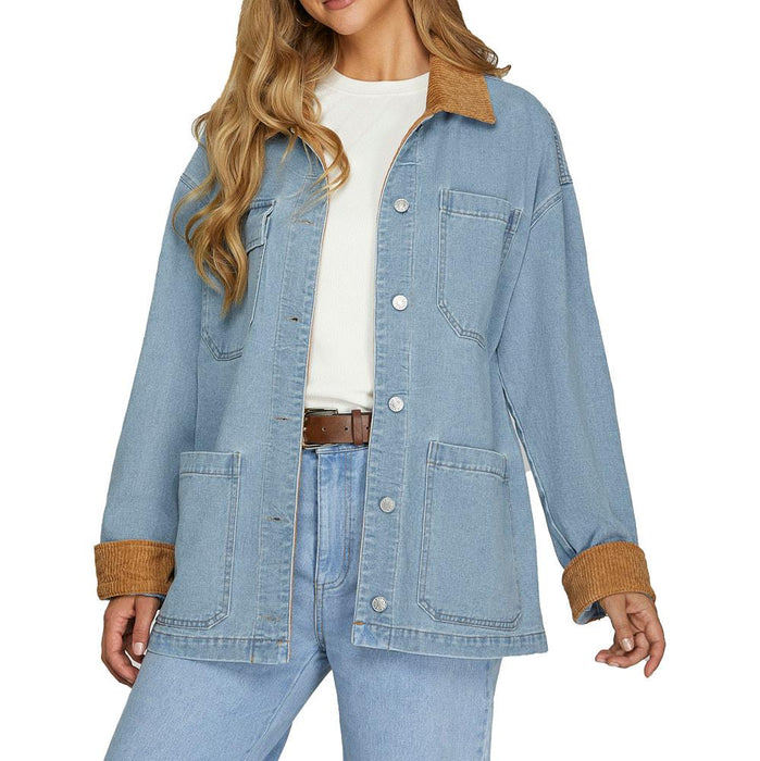 Women's Blue Contrast Collard Barn Jacket