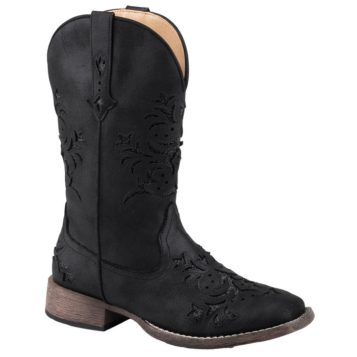 Women's Black Vintage Faux Leather 11In Glitter Under Lay Top Cowgirl Boot