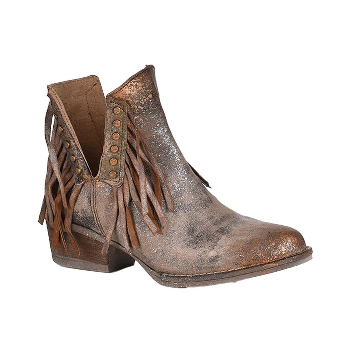 Women's Brown Studded Fringe Round Toe Bootie