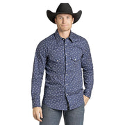 Men's Navy Geo Print Long Sleeve Snap Shirt