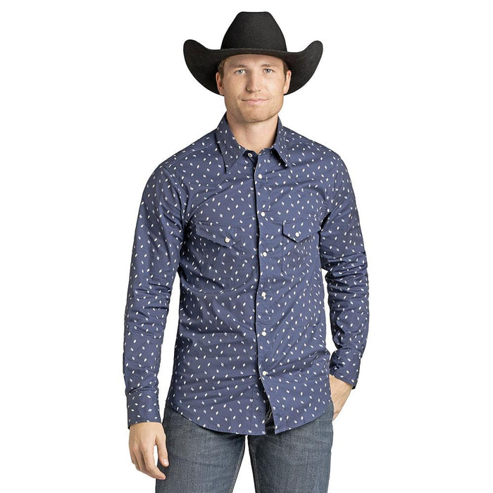 Men's Navy Geo Print Long Sleeve Snap Shirt