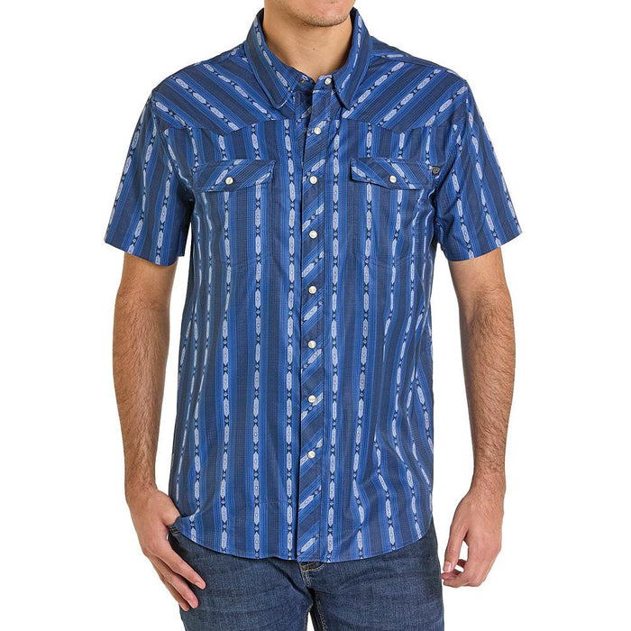 Men's Navy Stripe Tek Western Short Sleeve Snap Shirt