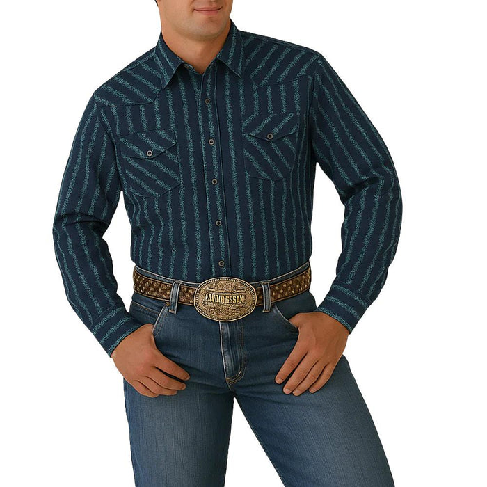 Men's Navy Striped Arena Flex Long Sleeve Button Shirt