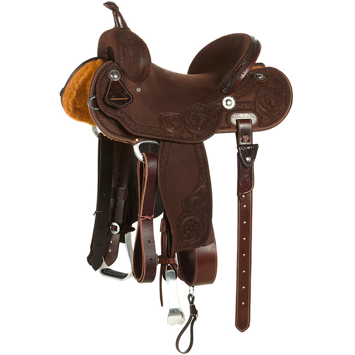 Burns Saddlery 1430MDX Chocolate Roughout Tooled 14inch Barrel Saddle