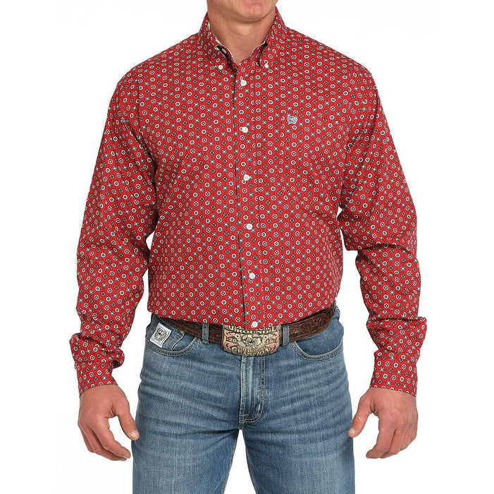 Men's Allover Red Print Long Sleeve Button Shirt
