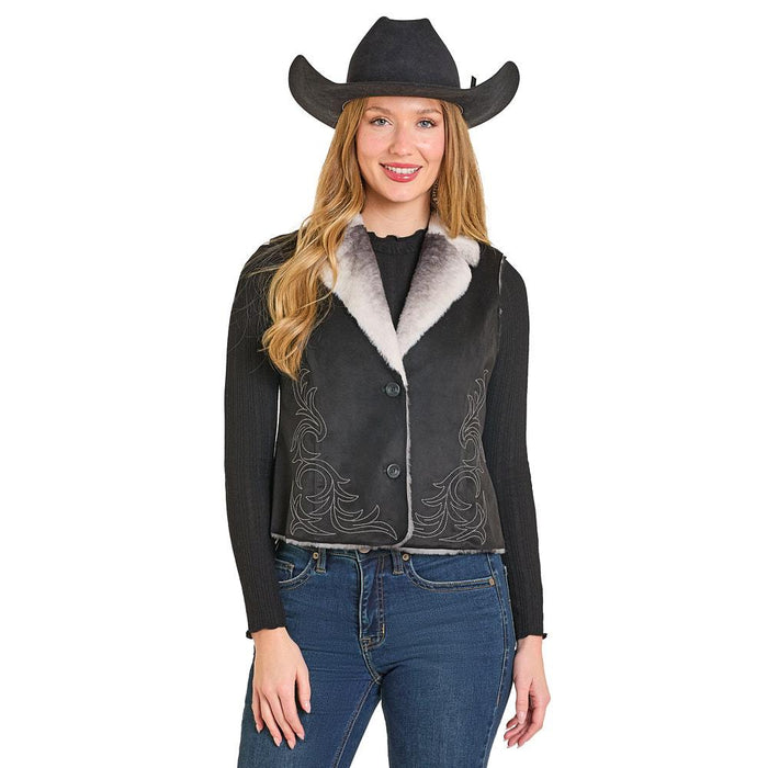 Women's Black Embroidered Microsuede Vest