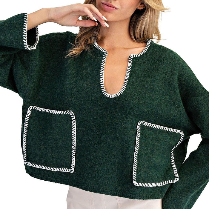 Women's Hunter Grn Whipstitch Long Sleeve Sweater