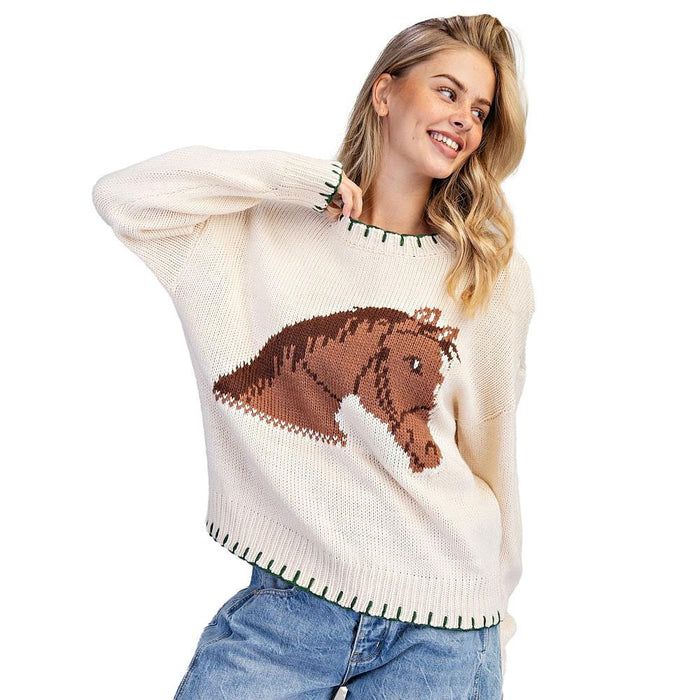 Women's Sand Horse Front Sweater